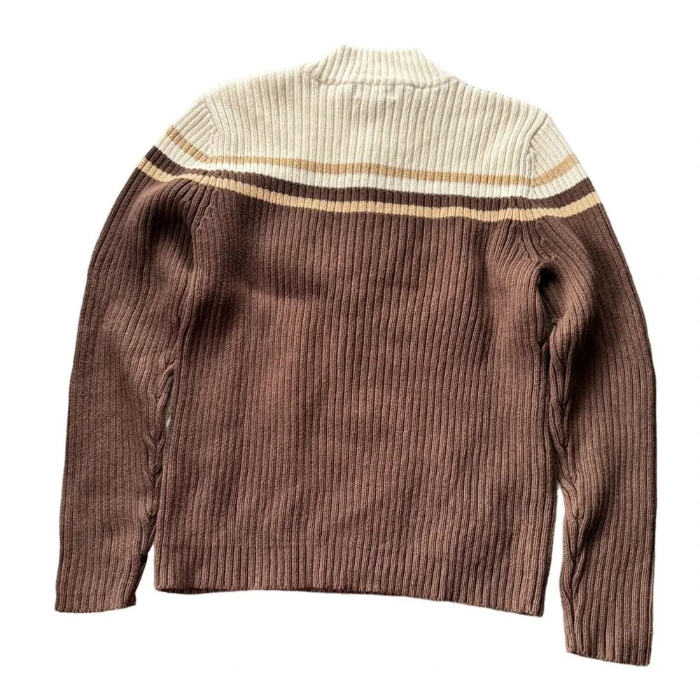 St Johns‎ Bay Petite Brown Striped Quarter Zip Cotton Mock Neck Sweater PM F2